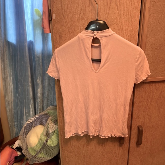 Pink Guess Mock Neck Lettuce Edge Short Sleeve - Picture 3 of 3